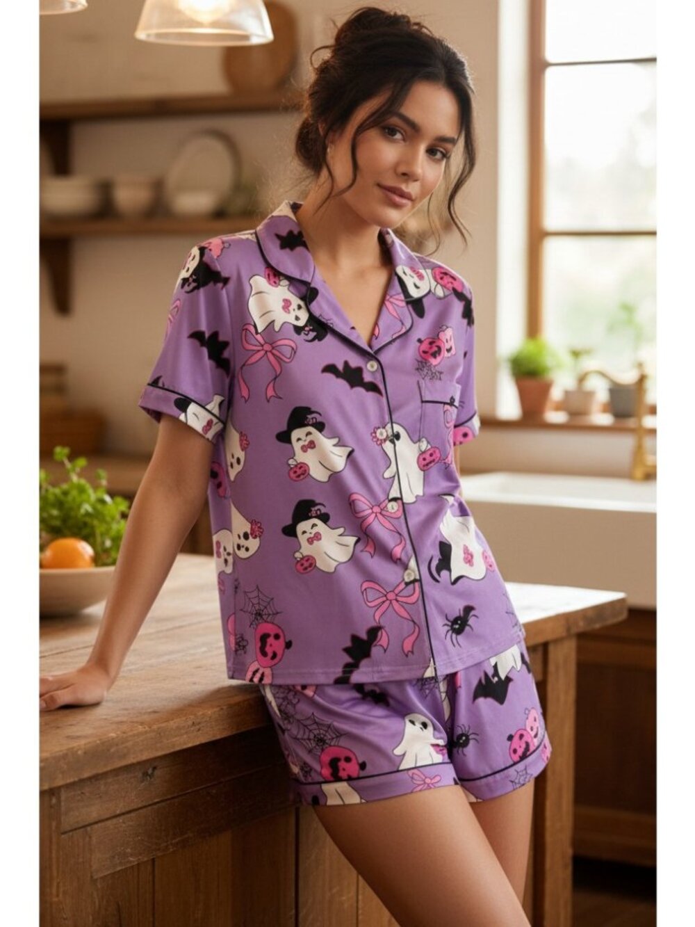 Ghost Button-Down Chest Pocket Top Shorts Halloween Lounge Set Matching Pajamas
